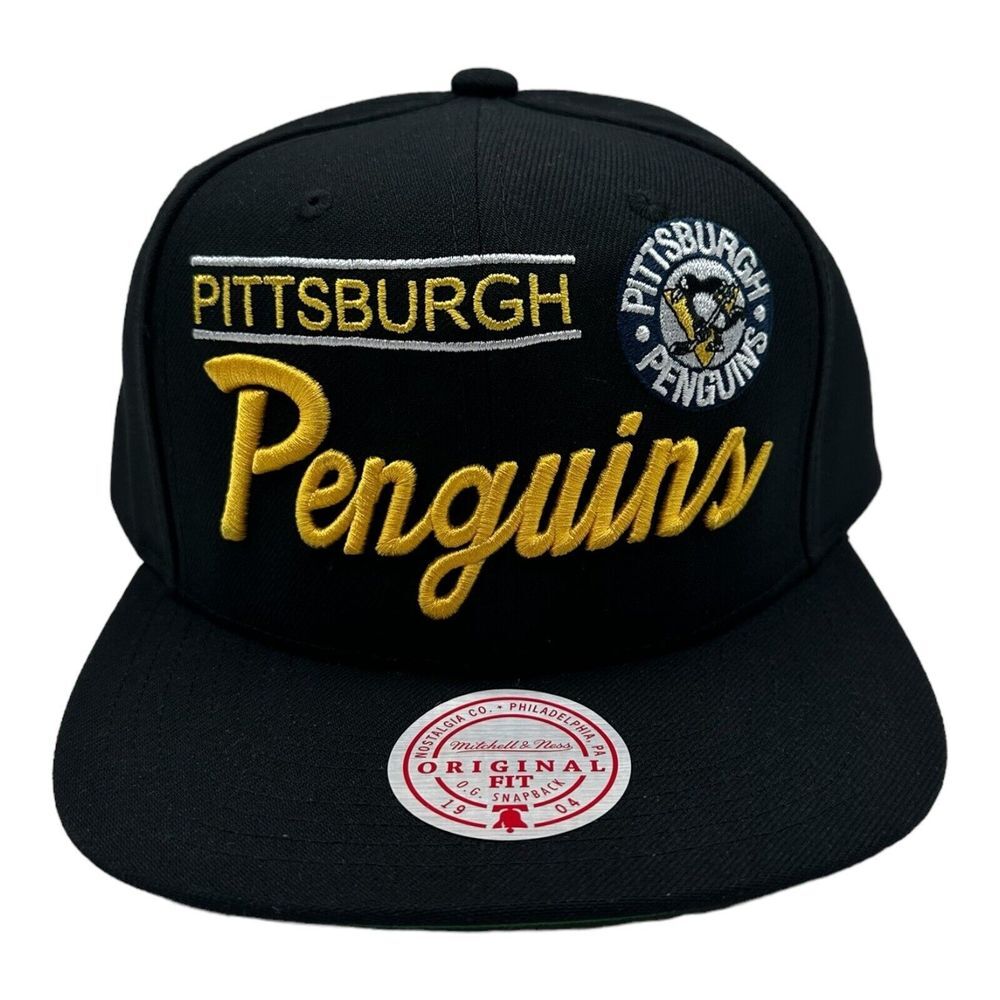 Pittsburgh Penguins Mitchell & Ness Snapback Hat Cap Black Lock Up Script Logo
